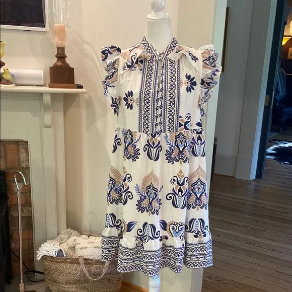 Umgee Two Toned Boarder Print Dress in Navy size XL - Picture 4 of 10